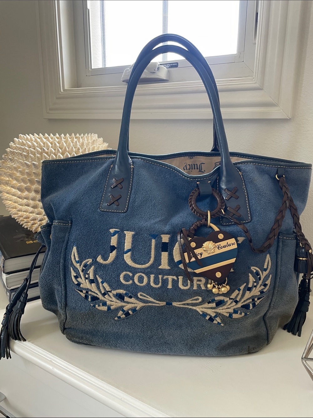 Juicy Couture large Blue Tote with Logo Embroidery and large heart charm.